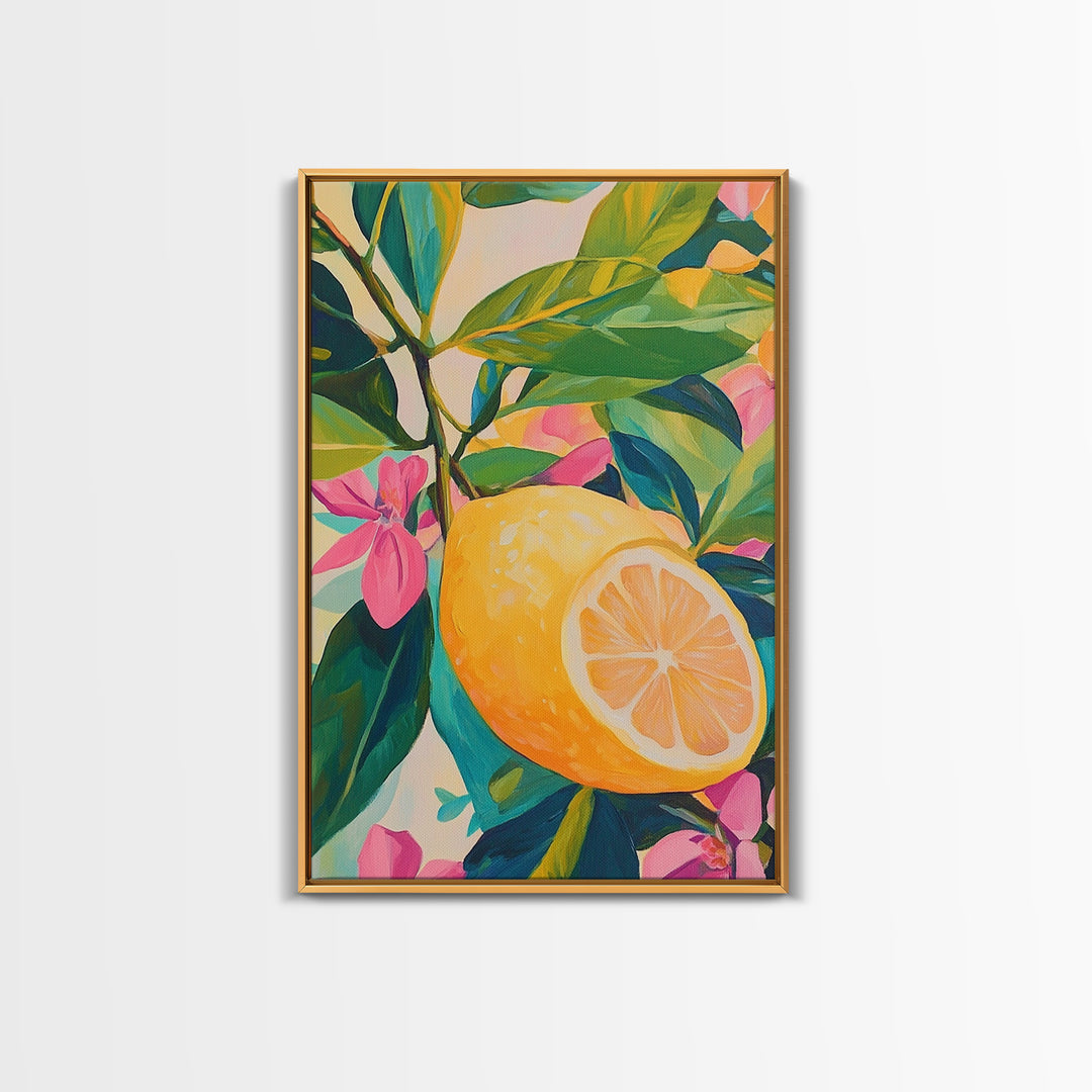 Bright Lemon Branch With Pink Blossoms Wall Art, Botanical Canvas Print For Kitchen Decor, Coastal Home Decor And Gift For Her