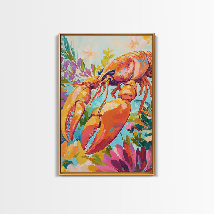 Vibrant Lobster With Garden Florals Canvas Print, Coastal Wall Art, Seafood Wall Decor, Tropical Kitchen Decor, Gift For Her