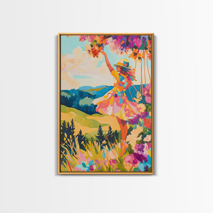 Joyful Woman In Mountain Flower Meadow Framed Canvas Print, Colorful Wall Art, Feminine Art, Landscape Art, Gift For Her