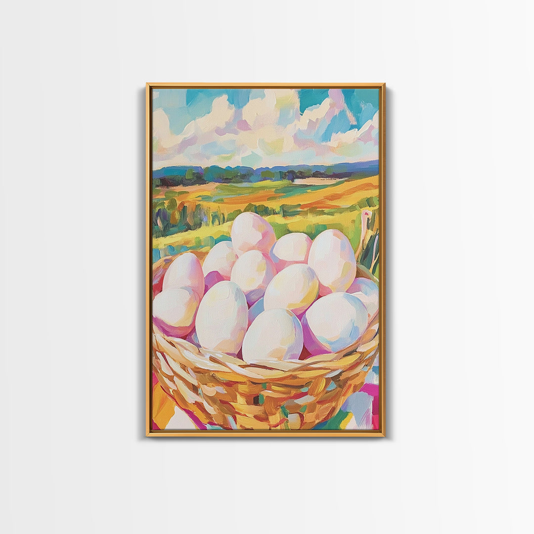 Farm Fresh Eggs In Wicker Basket Wall Art, Country Landscape Canvas Print, Rustic Farmhouse Kitchen Decor, Housewarming Gift