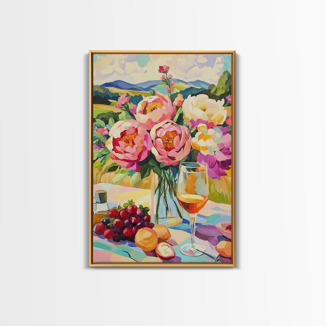 Pink Peony Bouquet With Wine And Grapes Canvas Print, French Country Kitchen Decor, Floral Wall Art, Housewarming Gift For Her