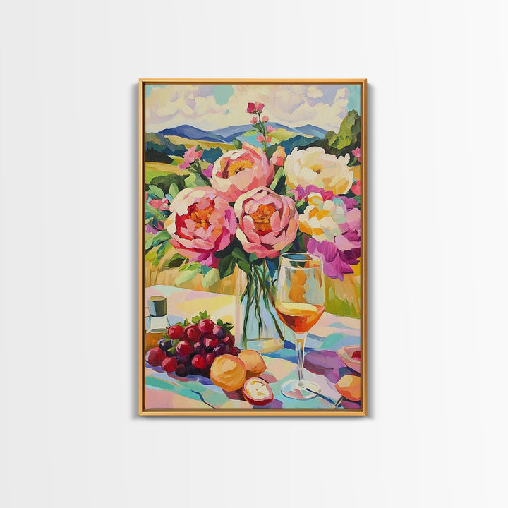 Pink Peony Bouquet With Wine And Grapes Canvas Print, French Country Kitchen Decor, Floral Wall Art, Housewarming Gift For Her