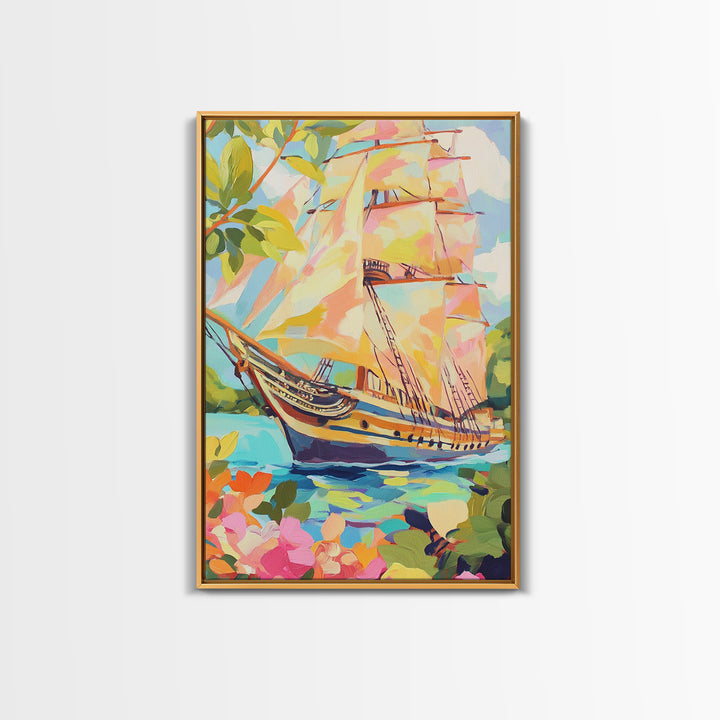 Tall Ship In Blooming Harbor Canvas Print, Nautical Sailboat Painting, Coastal Wall Art, Beach House Decor Gift For Her Home