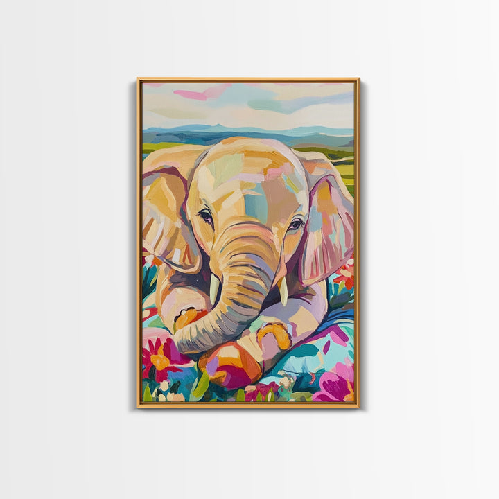 Baby Elephant With Flowers Canvas Print, Whimsical Animal Wall Art, Nursery Decor, Safari Nursery Art, Kids Room Decor, Gift