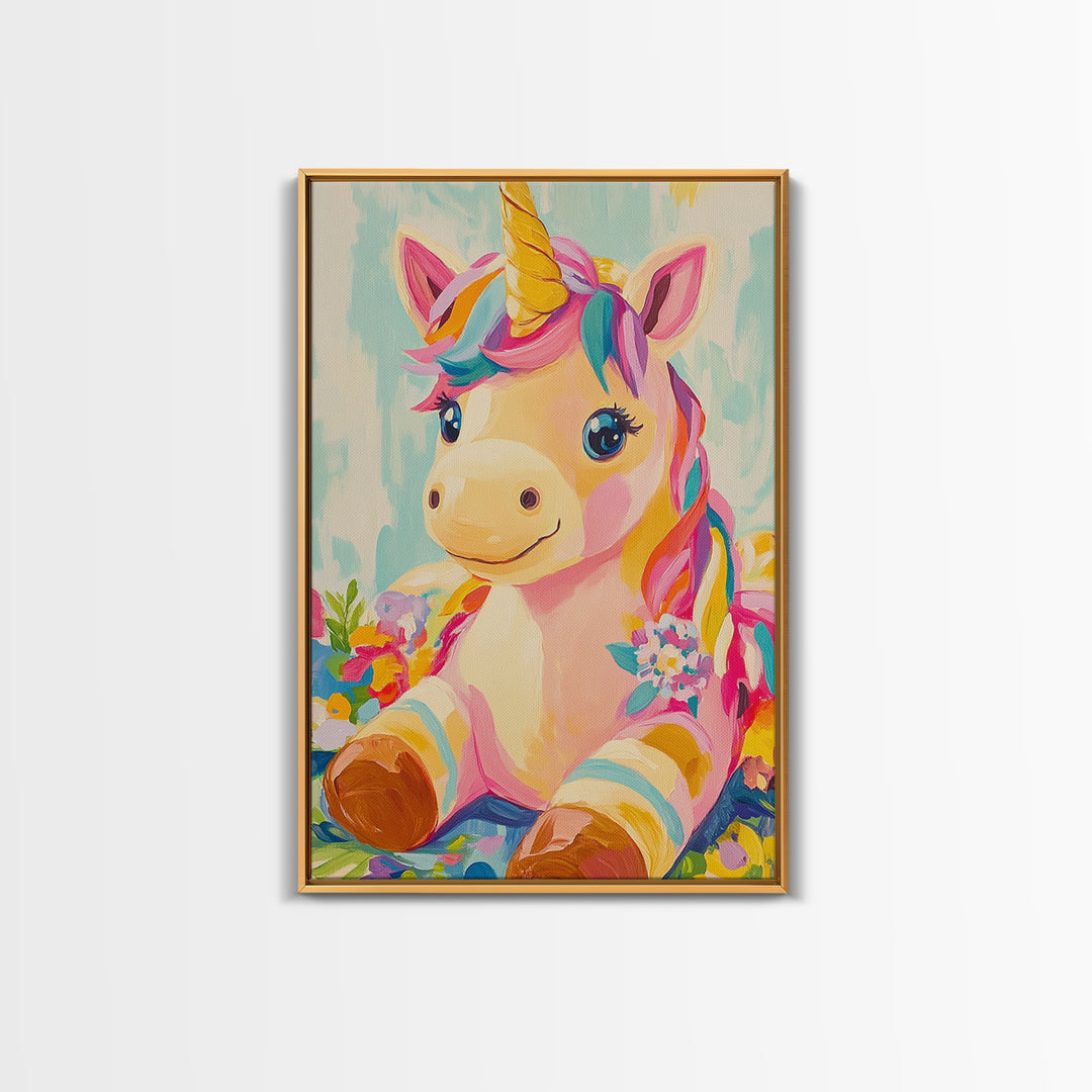 Cute Unicorn With Rainbow Mane Canvas Print, Whimsical Nursery Wall Art, Kids Room Decor, Baby Girl Nursery, Gift For Her