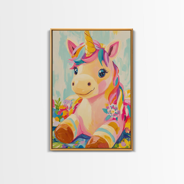 Cute Unicorn With Rainbow Mane Canvas Print, Whimsical Nursery Wall Art, Kids Room Decor, Baby Girl Nursery, Gift For Her