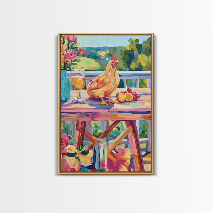Sunny Chicken Patio Still Life Framed Canvas Print, Farmhouse Kitchen Wall Art, Country Decor, Wine And Fruit Housewarming Gift