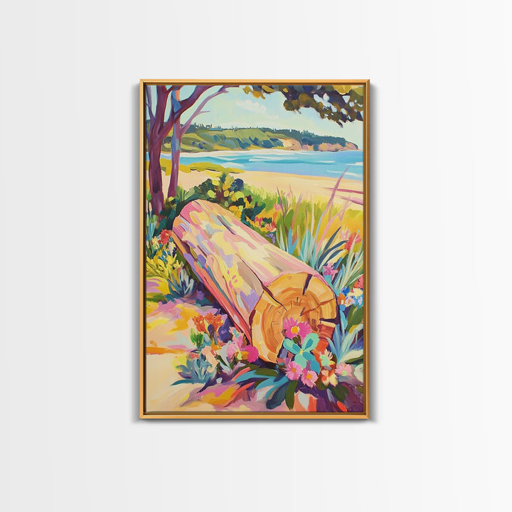 Sunlit Driftwood Log On Beach Wall Art, Coastal Landscape Canvas Print, Ocean Wall Decor, Beach House Art, Nature Wall Art