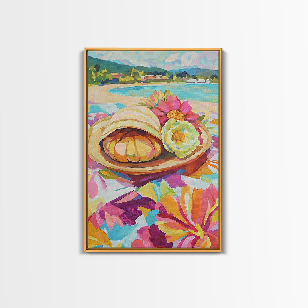 Scallop Shell And Pink Flowers By Turquoise Bay Canvas Print, Coastal Wall Art, Beach House Decor, Summer Kitchen Art, Gift For Her