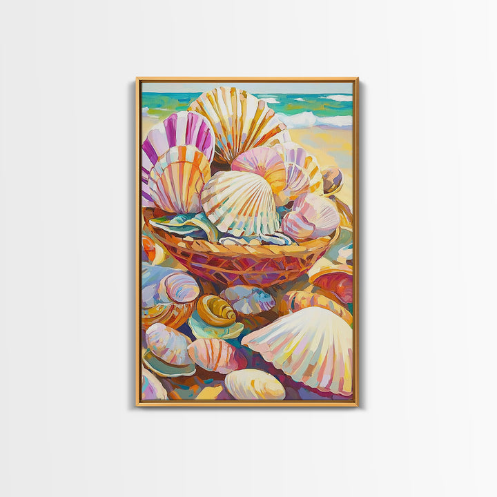 Basket Of Pastel Seashells On Beach Wall Art, Coastal Wall Decor, Beach House Decor, Ocean Art Print, Nautical Home Decor