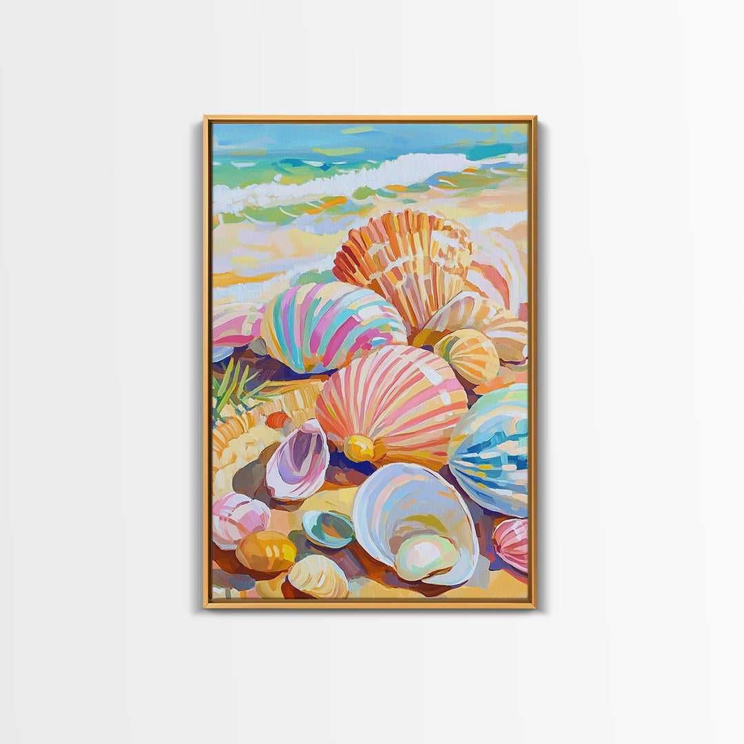 Pastel Seashells Scattered On Sunny Beach Framed Canvas Print, Coastal Wall Art, Ocean Wall Decor, Beach House Gift For Her