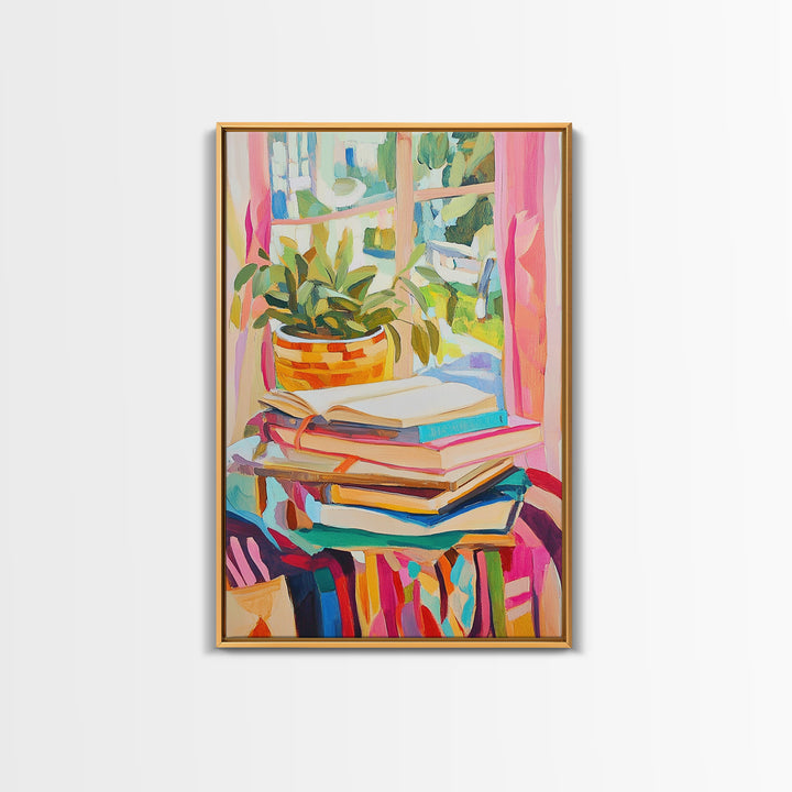 Stacked Books And Window Plant Wall Art, Cozy Reading Nook Decor, Book Lover Gift, Library Wall Art, Home Office Decor Print