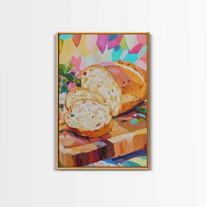 Sliced Artisan Bread On Wooden Board Canvas Print, Kitchen Wall Art, Food Illustration, Rustic Kitchen Decor, Gift For Baker