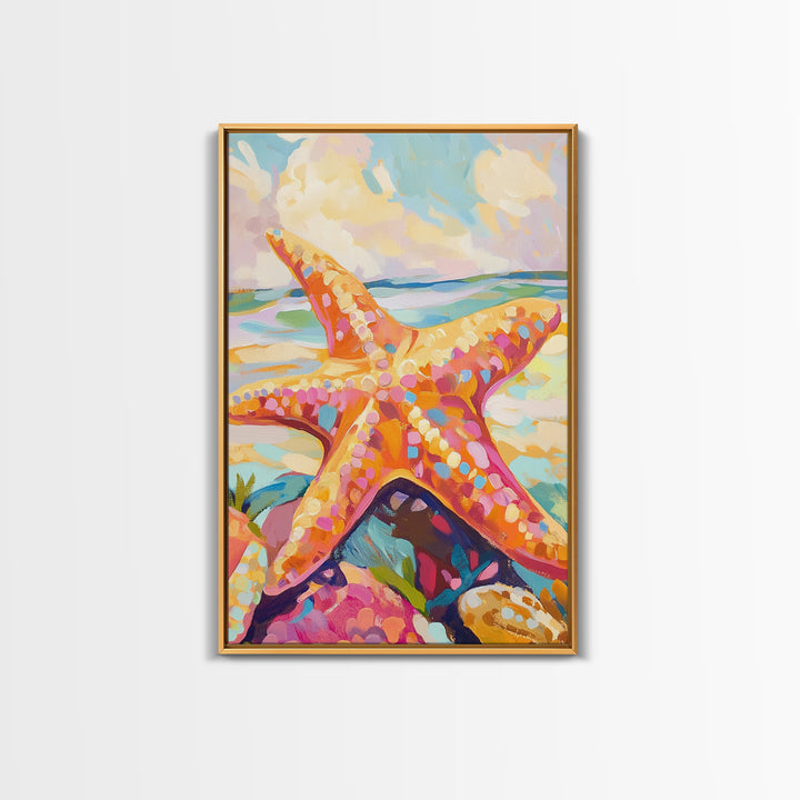 Bright Orange Starfish On Sunny Beach Wall Art, Coastal Canvas Print, Ocean Wall Decor, Beach House Gift, Tropical Art, Seaside Decor