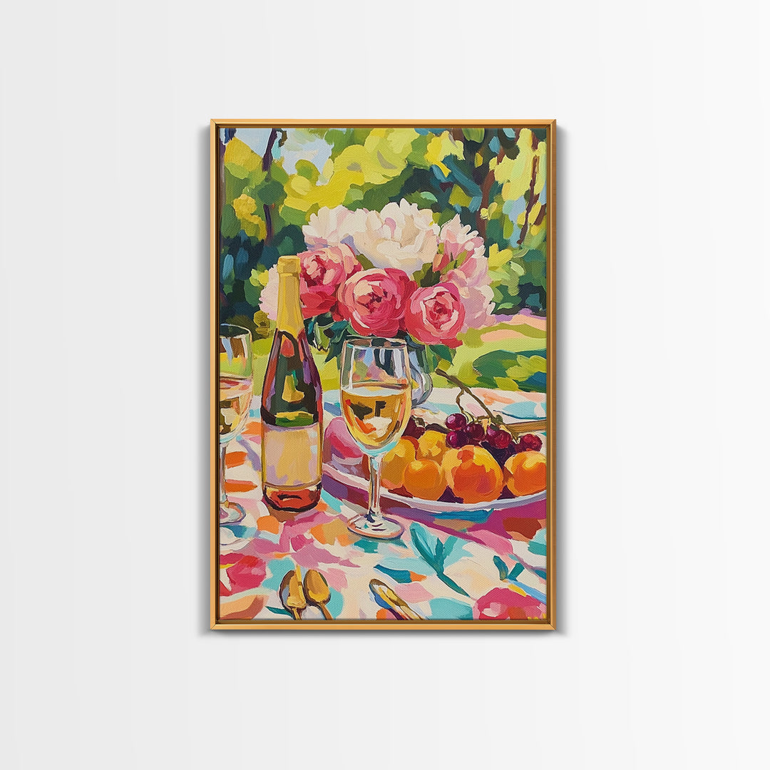 Garden Wine Still Life With Cherries Framed Canvas Print, Dining Room Wall Art, Floral Kitchen Decor, Wine Lover Gift, Hostess Gift