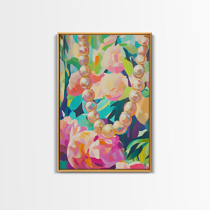 Pearl Necklace On Lush Floral Background Framed Canvas Print, Feminine Wall Art, Coquette Room Decor, Gift For Her, Romantic Bedroom Art