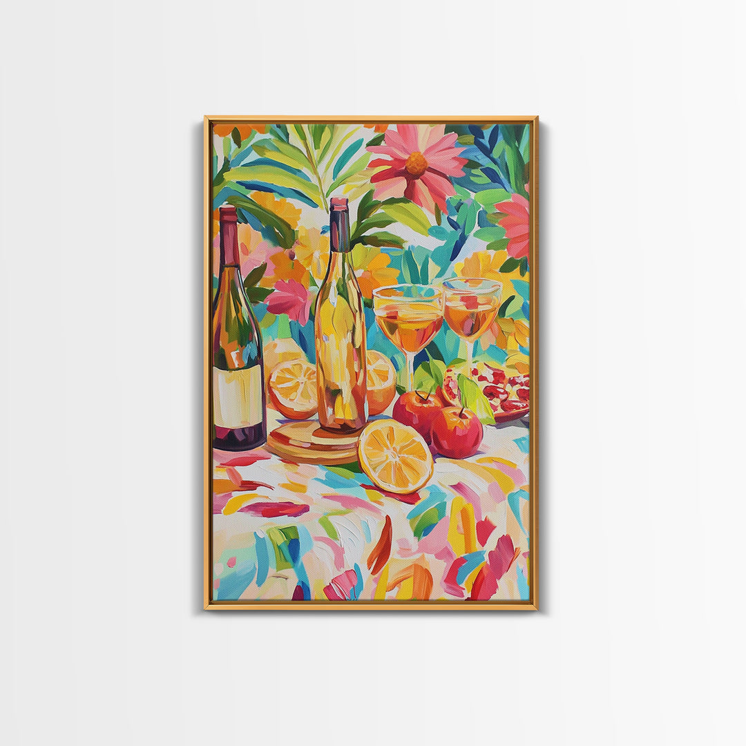 Garden Wine Bottles With Citrus Canvas Print, Colorful Kitchen Wall Art, Dining Room Decor, Wine Lover Housewarming Gift