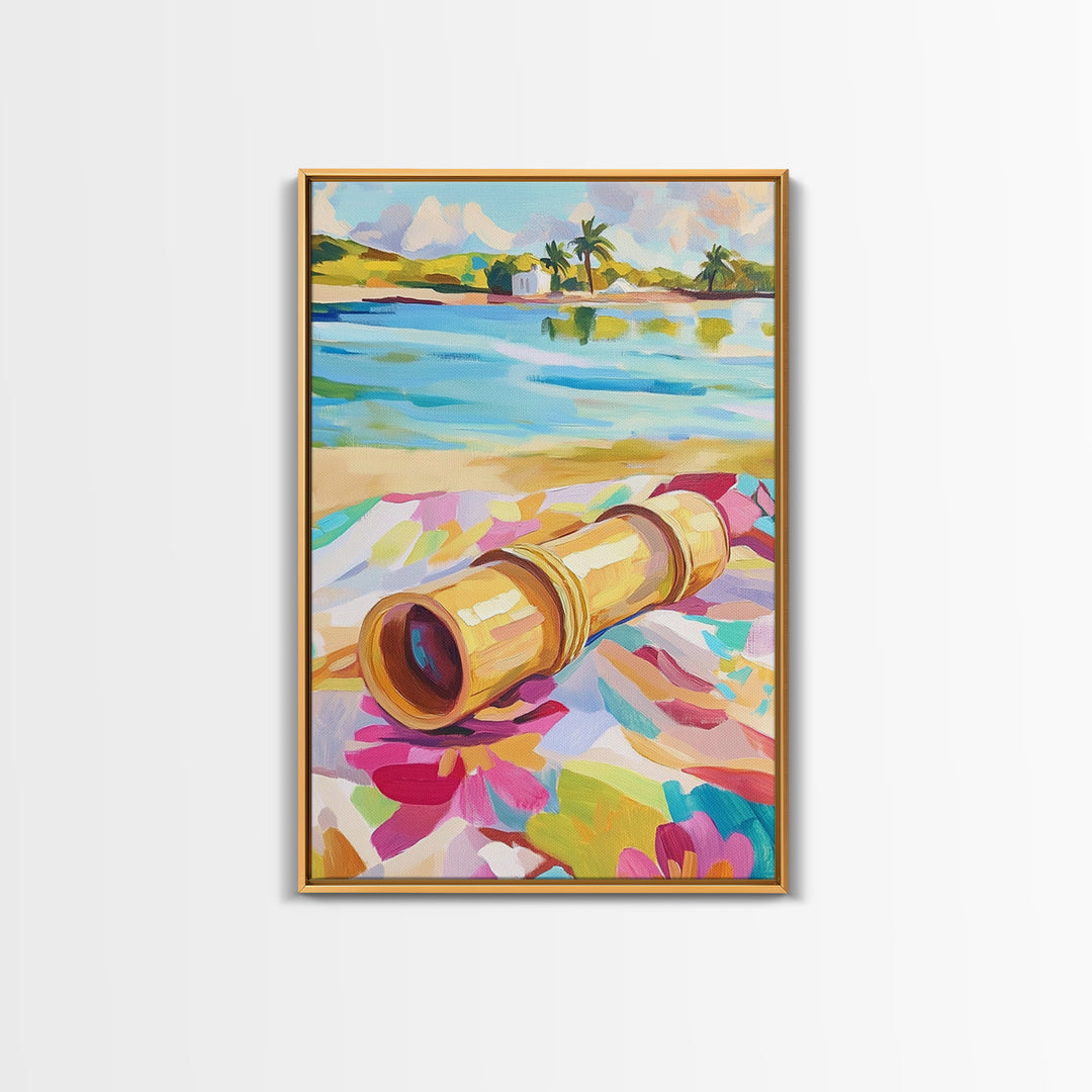 Brass Telescope On Tropical Beach Towel Wall Art, Colorful Coastal Canvas, Summer Travel Decor, Beach House Living Room Print