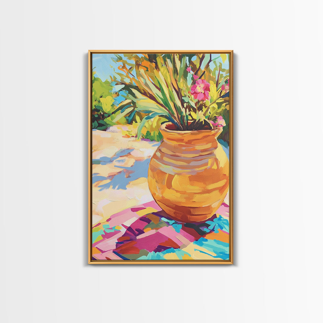 Terracotta Pot With Tropical Garden Plants Framed Canvas Print, Colorful Botanical Wall Art, Boho Patio Decor, Housewarming Gift