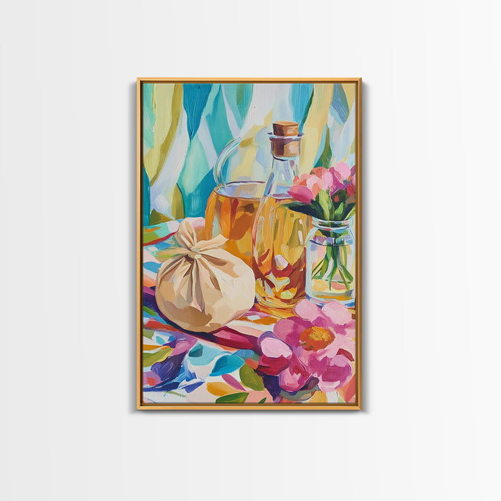 Olive Oil Bottles And Garlic Still Life Canvas Print, Colorful Kitchen Wall Art, Mediterranean Decor, Foodie Housewarming Gift