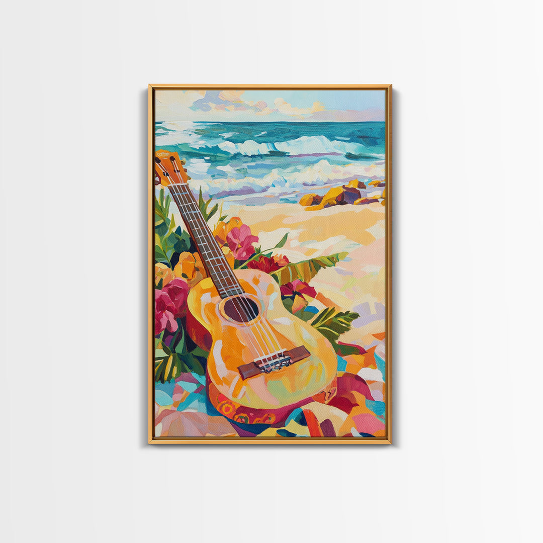 Tropical Guitar On Sunny Beach Canvas Print, Coastal Wall Art, Ocean Music Decor, Beach House Gift For Music Lover, Living Room Wall Art