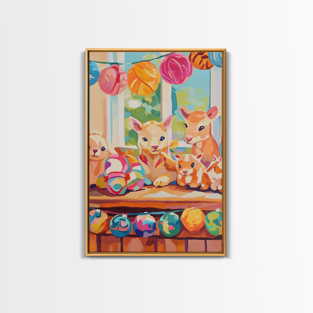 Pastel Nursery Farm Animal Toys Framed Canvas Print, Whimsical Animal Wall Art, Kids Room Decor, Baby Shower Gift, Nursery Decor