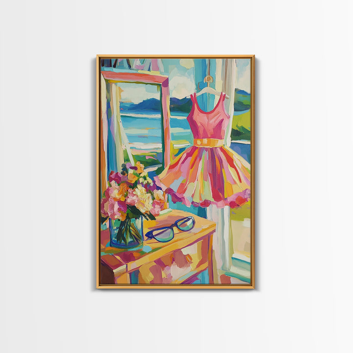 Pink Summer Dress By Lake Framed Canvas Print, Feminine Wall Art, Coastal Home Decor, Romantic Bedroom Art, Gift For Her