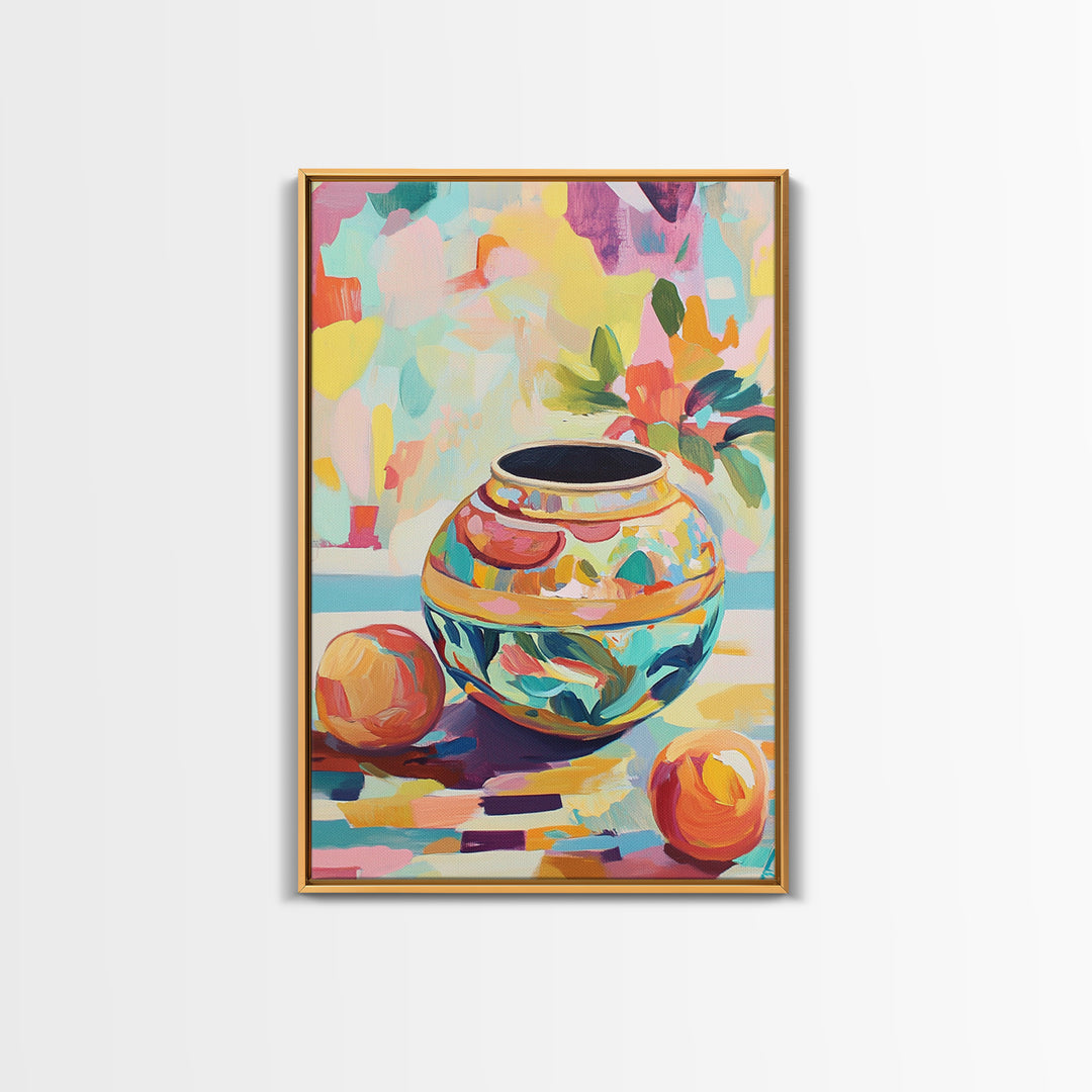 Colorful Ceramic Vase Still Life Wall Art, Fruit And Flower Canvas Print, Eclectic Home Decor, Kitchen Art, Housewarming Gift