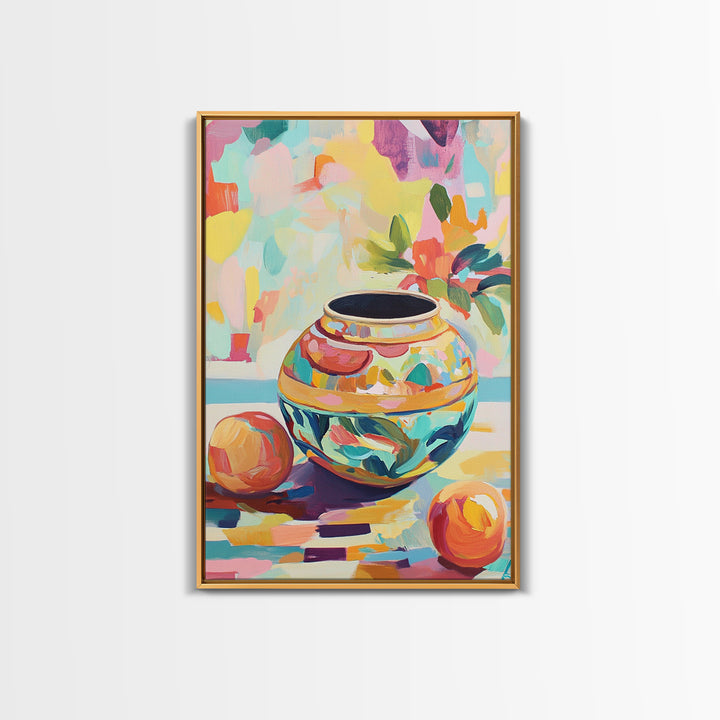 Colorful Ceramic Vase Still Life Wall Art, Fruit And Flower Canvas Print, Eclectic Home Decor, Kitchen Art, Housewarming Gift