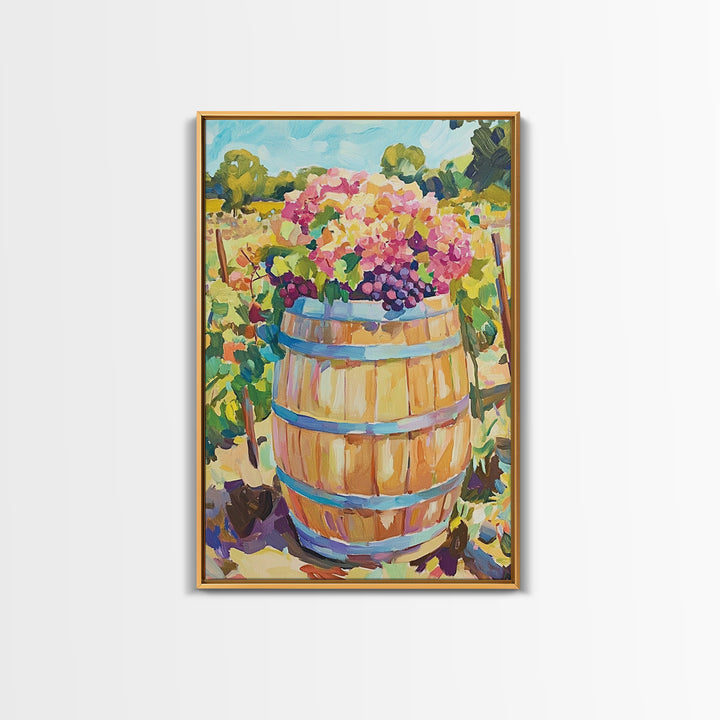 Wine Barrel With Grapes And Hydrangeas Framed Canvas Print, Vineyard Wall Art, Rustic Kitchen Decor, Wine Lover Gift, Home Decor