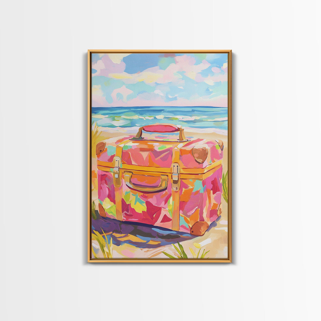 Floral Suitcase On Sunny Beach Canvas Print, Coastal Wall Art, Beach House Decor, Travel Poster, Summer Gift For Her, Ocean Wall Decor
