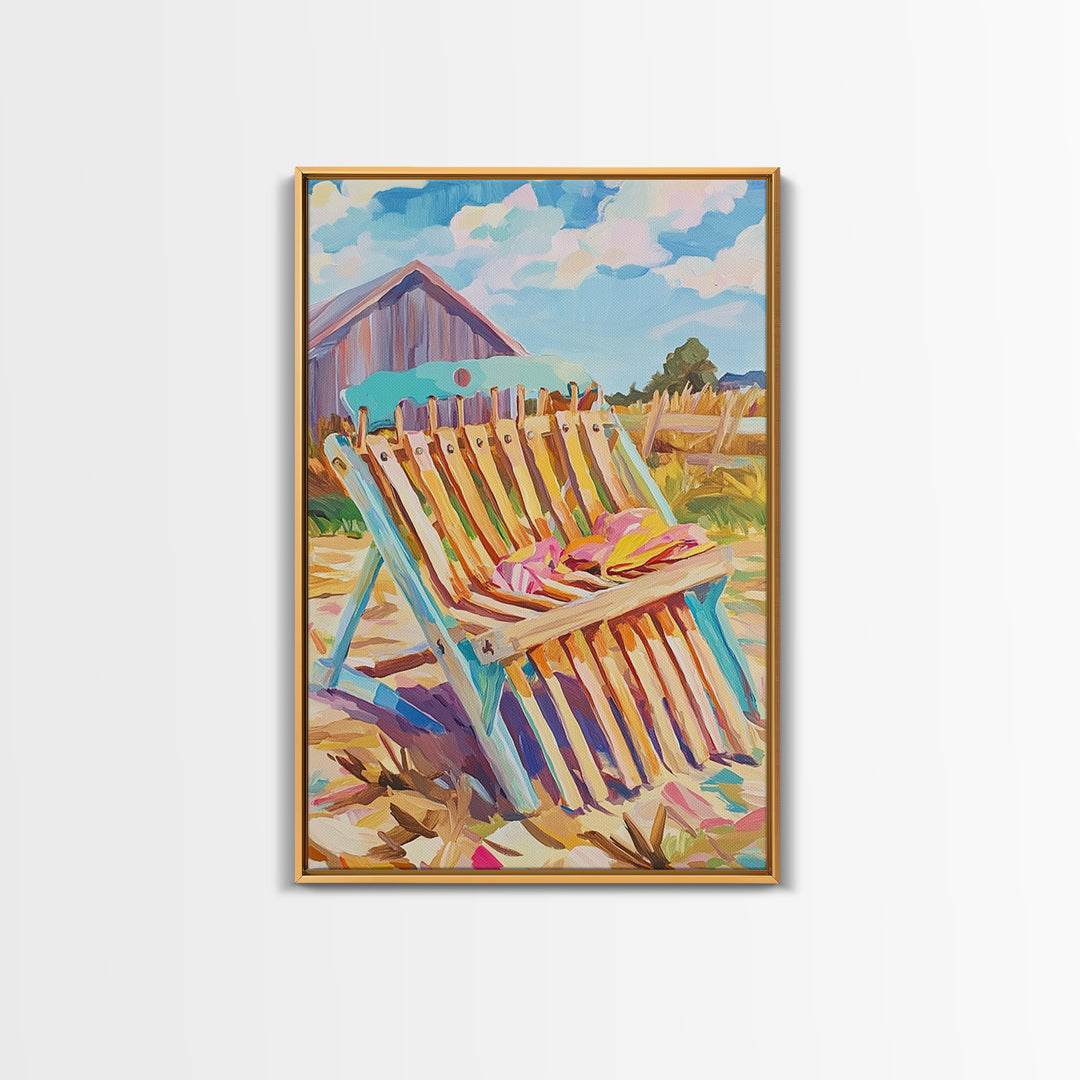 Striped Beach Chair By Rustic Barn Framed Canvas Print, Coastal Farmhouse Wall Art, Summer Patio Decor, Beach House Gift