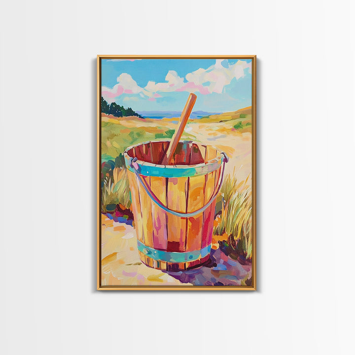 Wooden Beach Bucket And Dunes Wall Art, Coastal Canvas Print, Nautical Beach House Decor, Summer Seascape Gift, Ocean Wall Decor