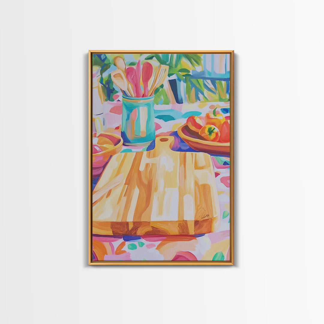 Sunlit Cutting Board Kitchen Wall Art, Colorful Tomato Still Life Canvas Print, Farmhouse Kitchen Decor, Food Lover Gift