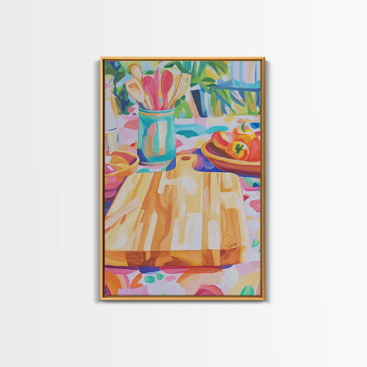 Sunlit Cutting Board Kitchen Wall Art, Colorful Tomato Still Life Canvas Print, Farmhouse Kitchen Decor, Food Lover Gift