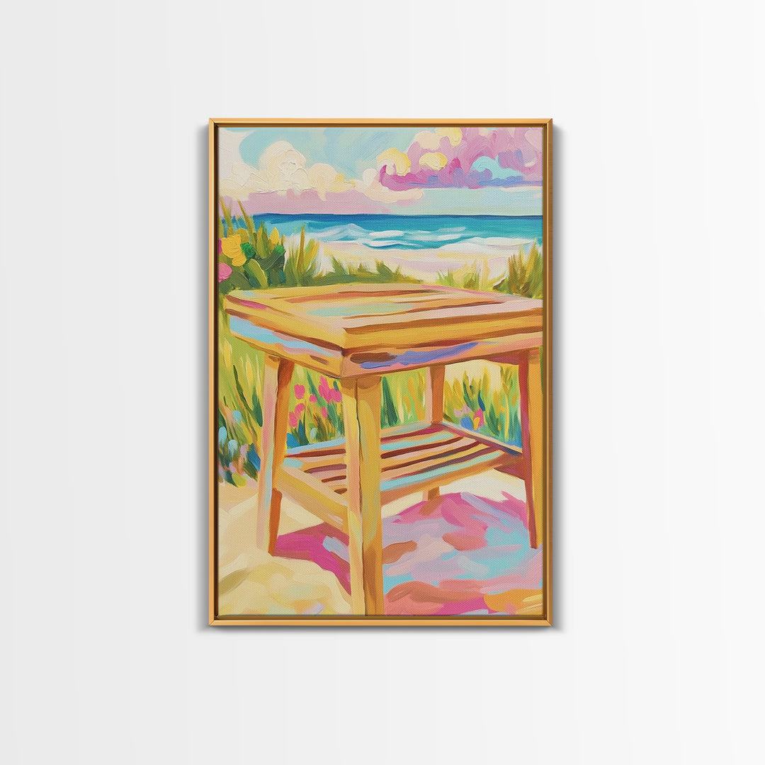 Sunny Beachside Wooden Table Canvas Print, Coastal Wall Art, Ocean Landscape Decor, Beach House Decor, Housewarming Gift