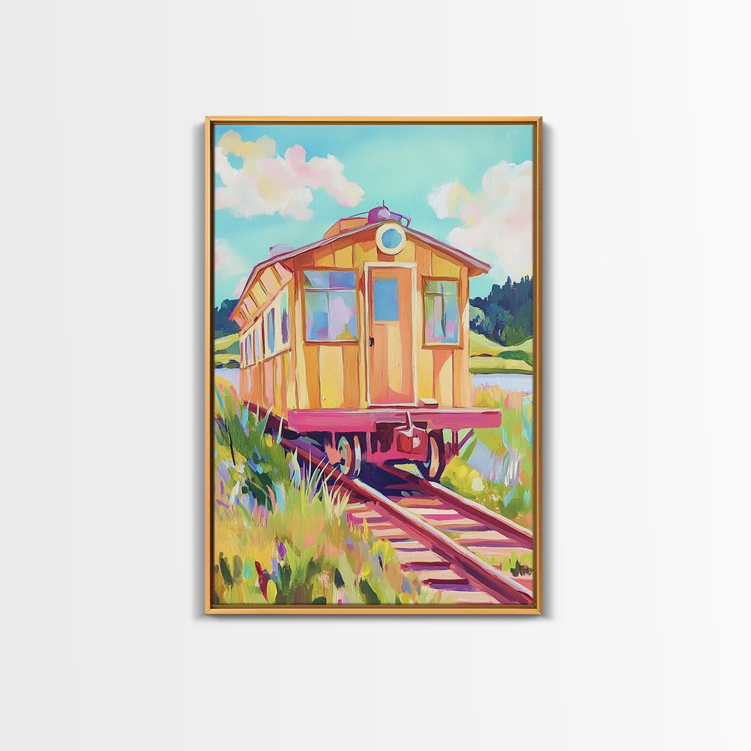Yellow Railcar On Meadow Tracks Wall Art, Whimsical Travel Poster, Colorful Landscape Canvas Print, Eclectic Home Decor Gift
