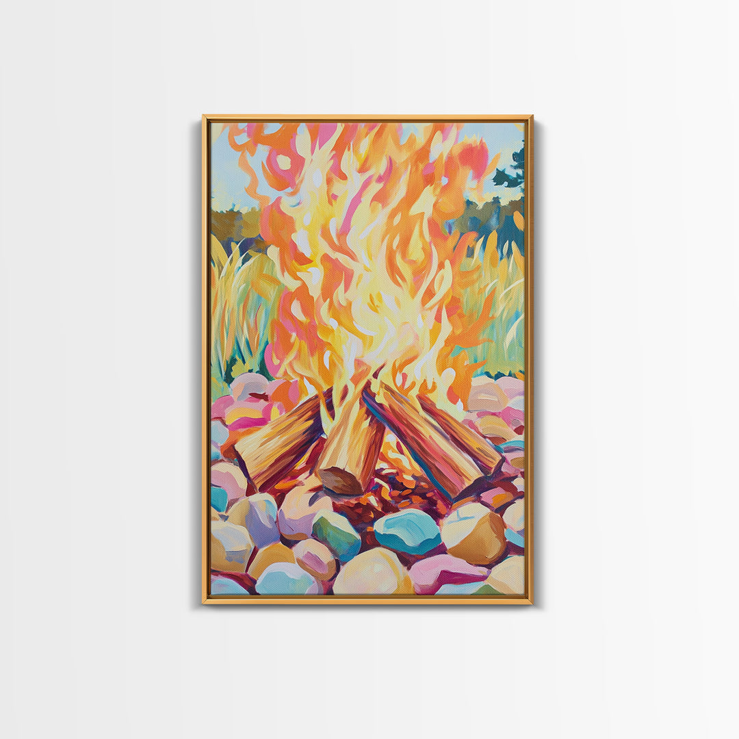 Vibrant Campfire With Painted River Stones Canvas Print, Cozy Wall Art, Cabin Decor, Rustic Outdoor Home Decor Gift For Him