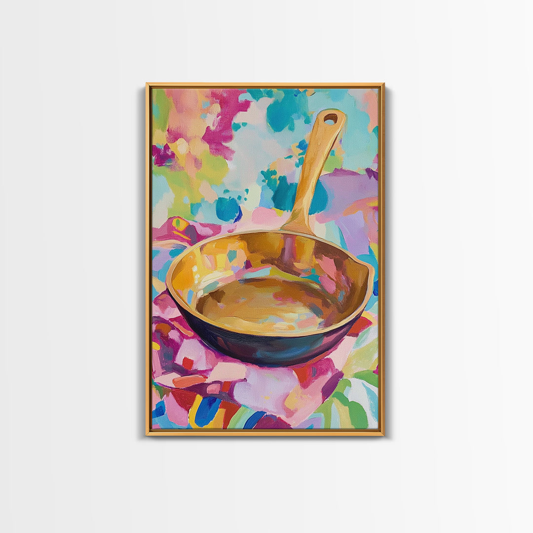 Golden Skillet Pan On Bright Cloth Canvas Print, Colorful Kitchen Wall Art, Foodie Home Decor, Housewarming Gift, Art Print