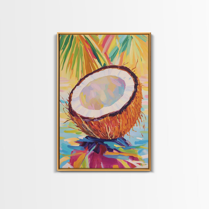 Tropical Coconut Half With Palm Leaves Canvas Print, Coastal Wall Art, Beach House Decor, Colorful Kitchen Art, Summer Gift