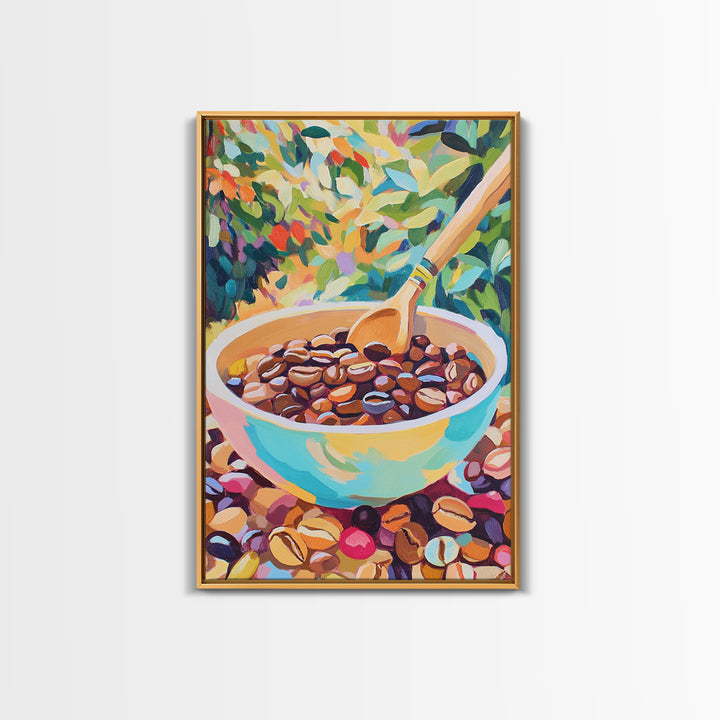 Vibrant Coffee Beans In Ceramic Bowl Canvas Print, Kitchen Wall Art, Coffee Bar Decor, Cafe Poster, Foodie Housewarming Gift