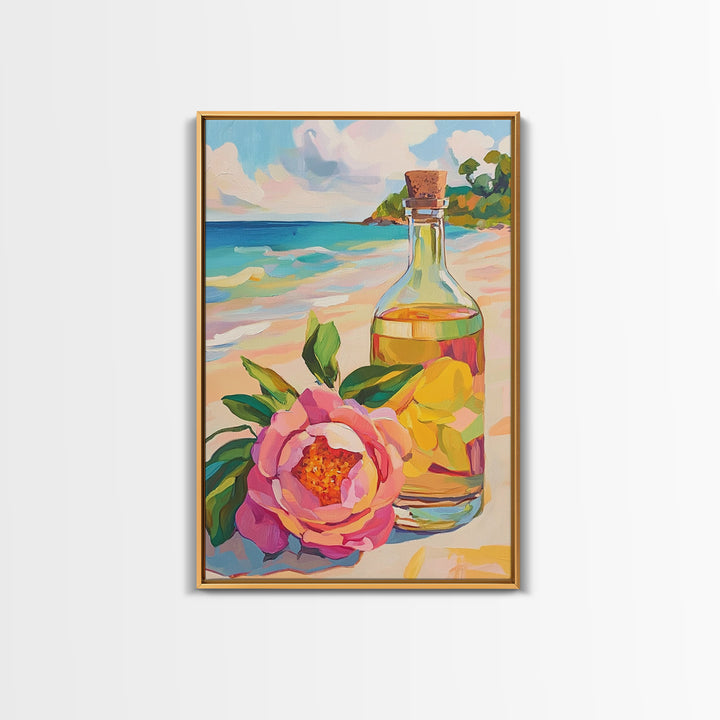 Beach Flower And Glass Bottle Canvas Print, Coastal Wall Art, Tropical Home Decor, Ocean Wall Decor, Summer Kitchen Art Print