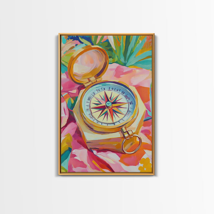 Golden Compass On Pink Tropical Cloth Canvas Print, Travel Wall Art, Coastal Decor, Nautical Poster, Adventure Gift For Her