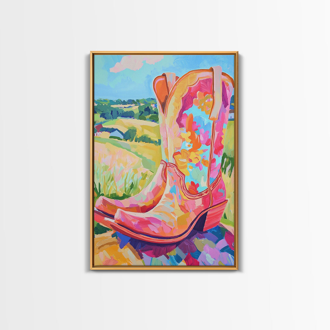 Pink Floral Cowboy Boots Canvas Print, Western Wall Art, Cowgirl Decor, Country Landscape Art Print, Bright Gift For Her