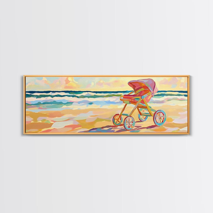 Pink Baby Stroller On Sunny Beach Wall Art, Coastal Nursery Decor, Ocean Canvas Print, Baby Shower Gift For Girl, Beach House Decor