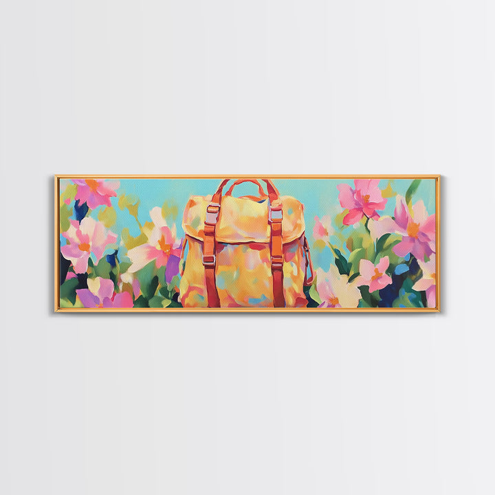 Sunlit Yellow Backpack In Blooming Garden Wall Art, Whimsical Canvas Print For Travel Decor Girls Room Decor And Gift For Her