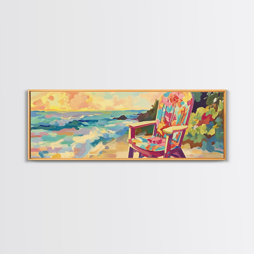 Colorful Beach Chair By Ocean Sunset Wall Art, Coastal Living Room Decor, Beach House Canvas Print, Summer Seascape Gift