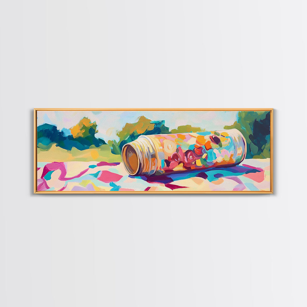 Spilled Picnic Tin With Berries Framed Canvas Print, Summer Wall Art, Food Art Print, Colorful Kitchen Decor, Housewarming Gift
