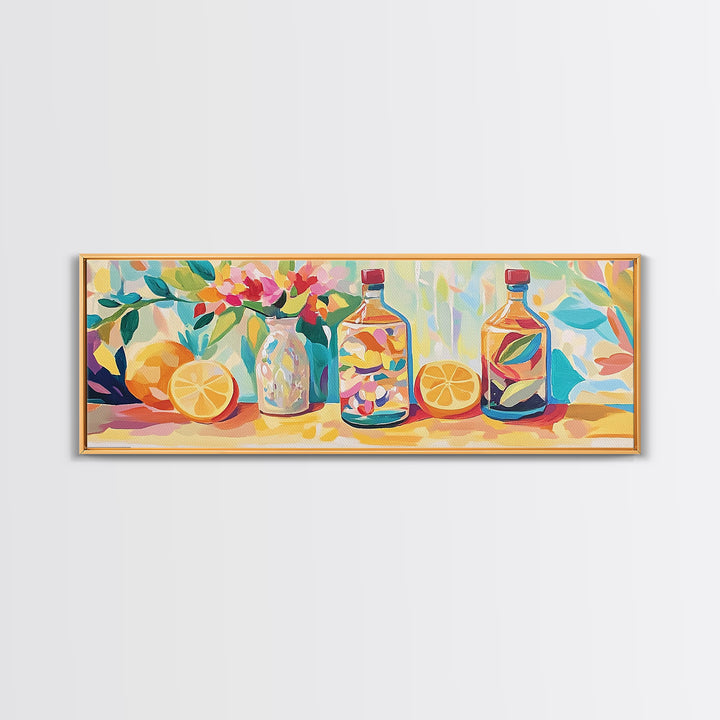 Lemon Bottles And Pink Flowers Framed Canvas Print, Kitchen Wall Art, Colorful Still Life, Modern Dining Room Decor, Housewarming Gift
