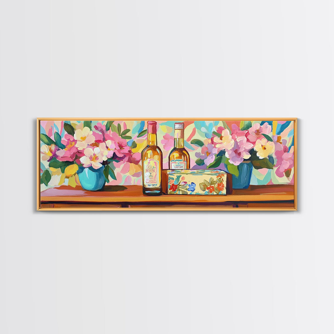 Wine Bottles And Pink Flowers Canvas Print, French Country Kitchen Decor, Winery Wall Art, Dining Room Prints, Gift For Her